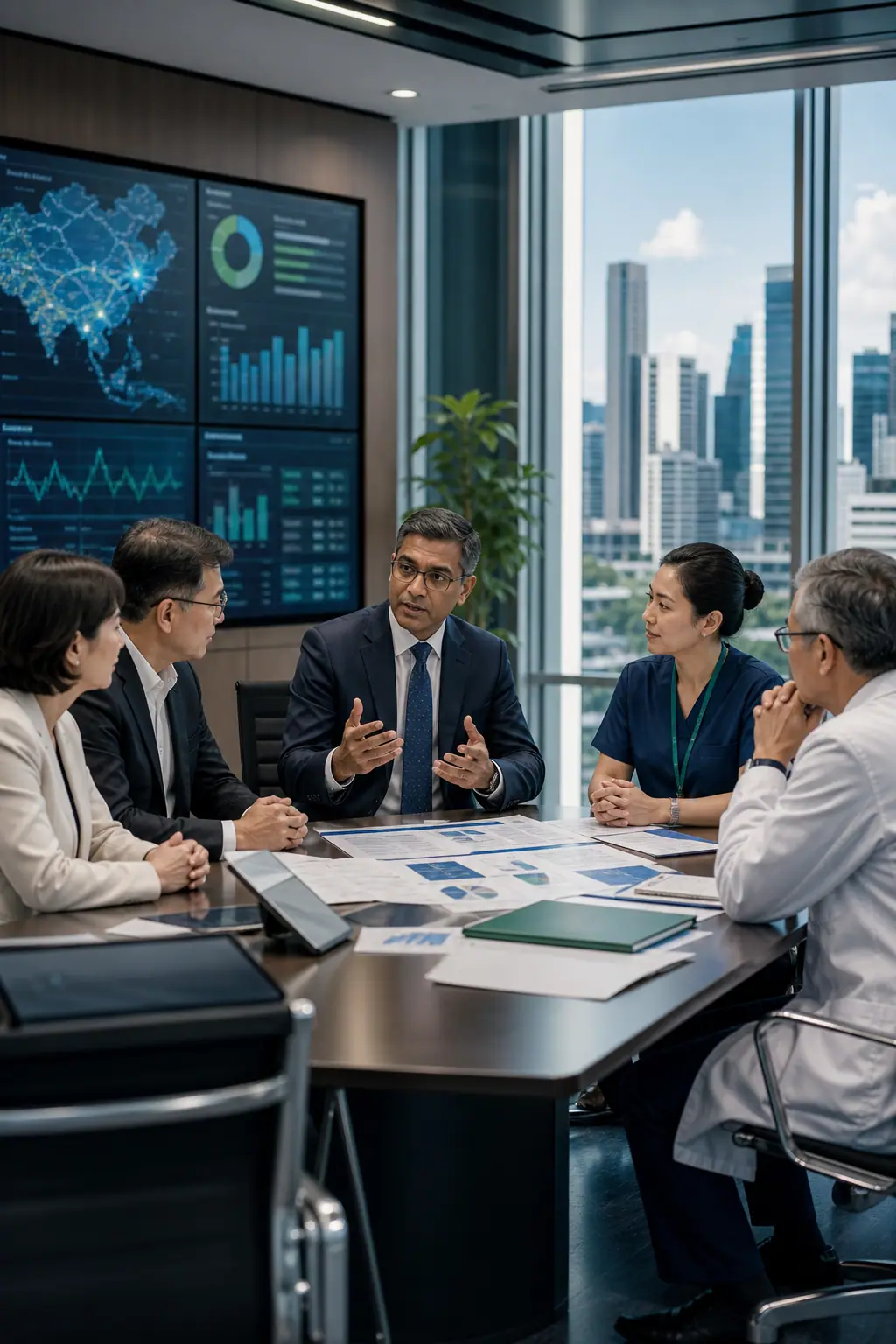 Executive healthcare leaders in a strategic advisory meeting